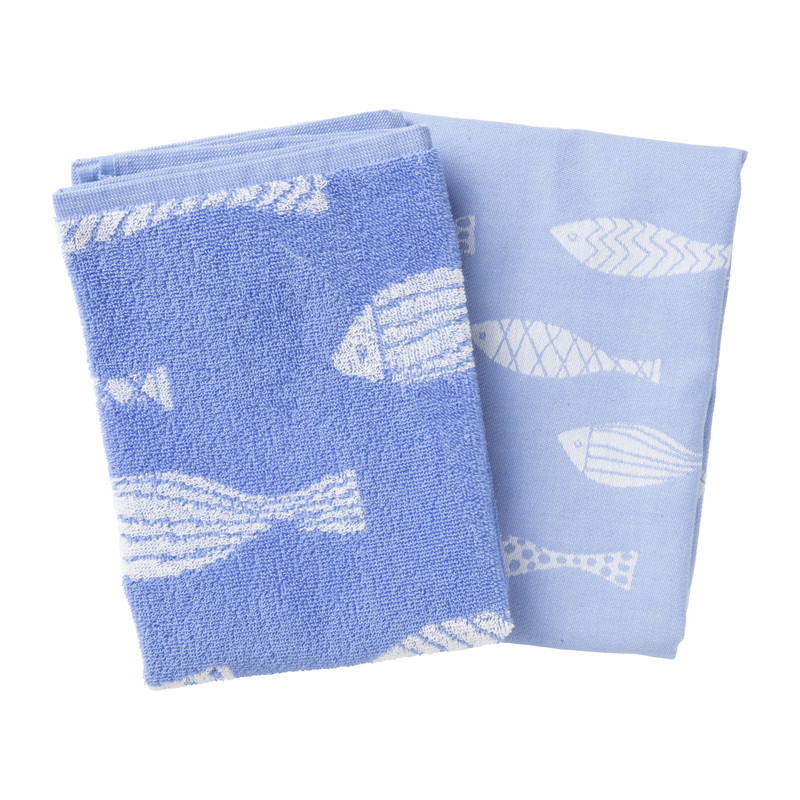 Handdoek vissen - blauw/wit - 50x50 cm
