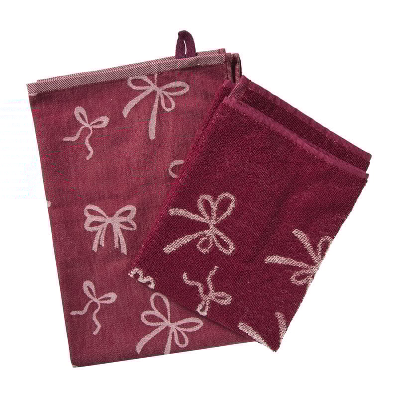 Theedoek strikjes - bordeauxrood/roze - 50x70 cm