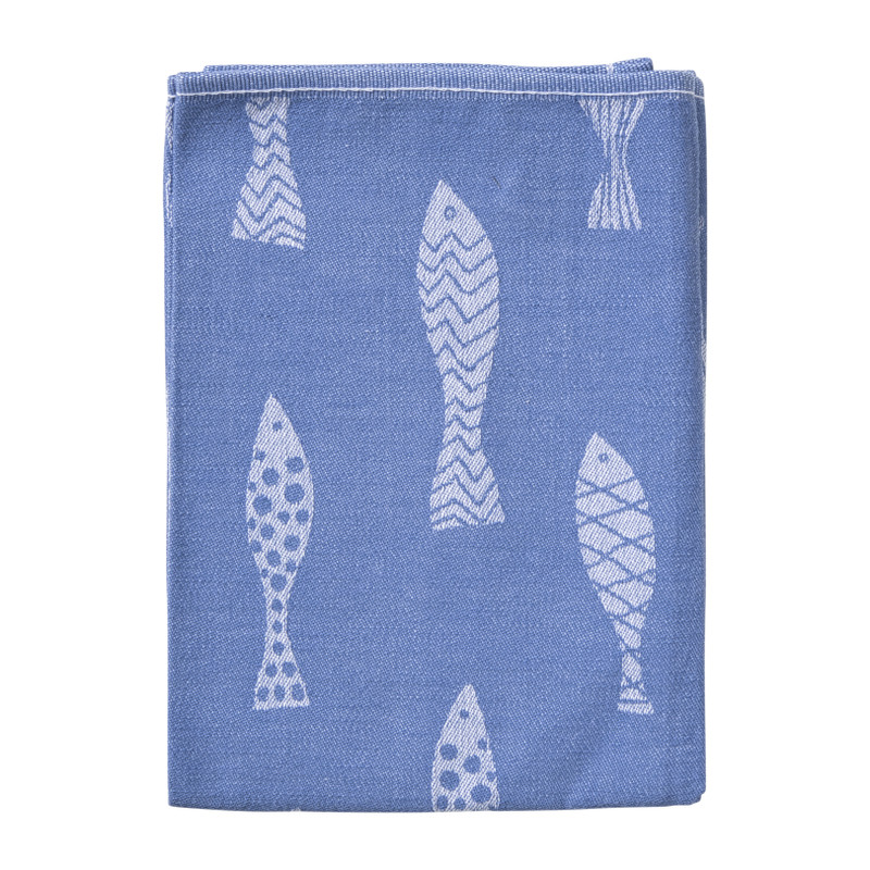 Theedoek vissen - blauw/wit - 50x70 cm