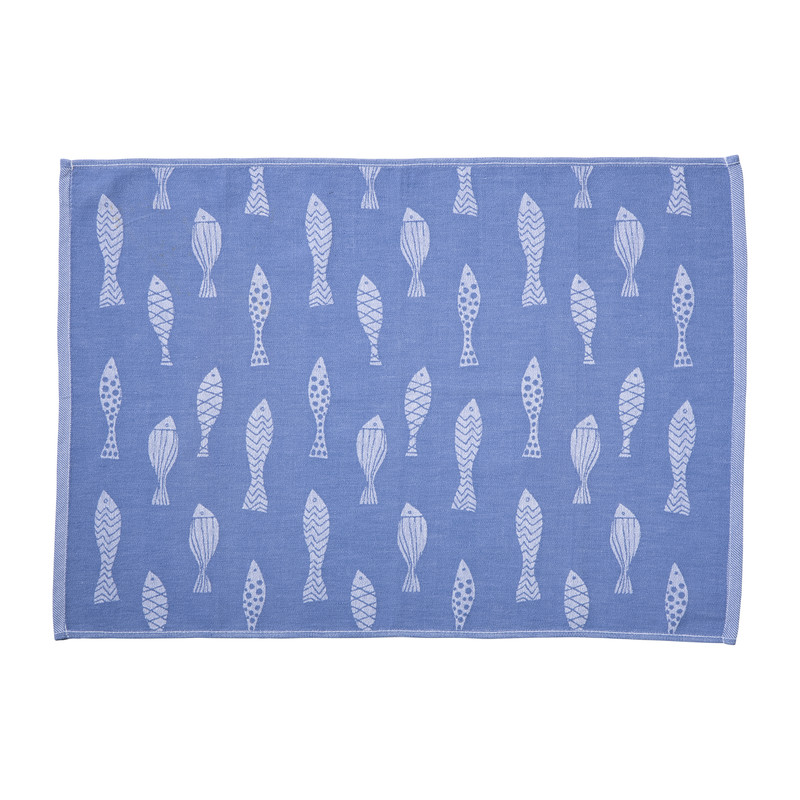 Theedoek vissen - blauw/wit - 50x70 cm