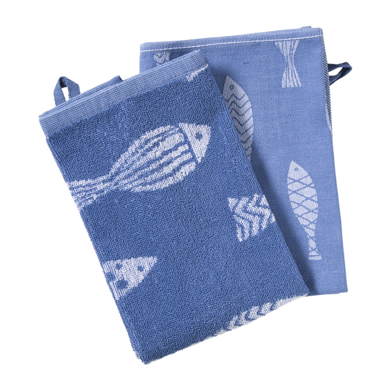 Theedoek vissen - blauw/wit - 50x70 cm