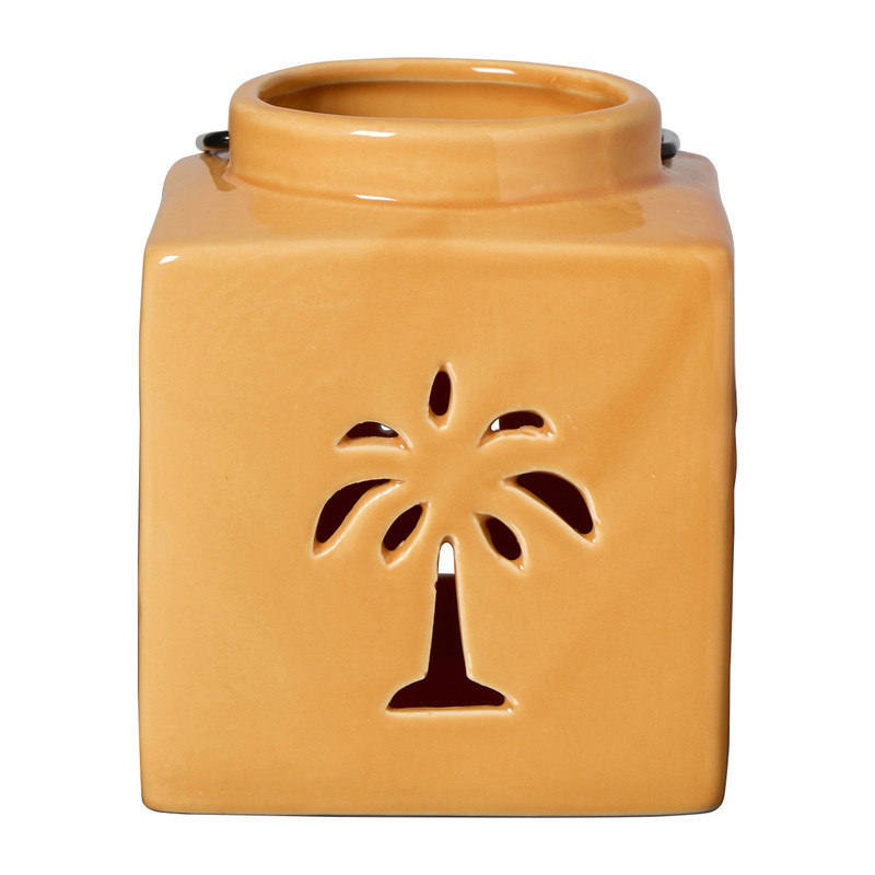 Lantaarn keramisch palmboom - oranje - 9.7x9.7x10.7 cm