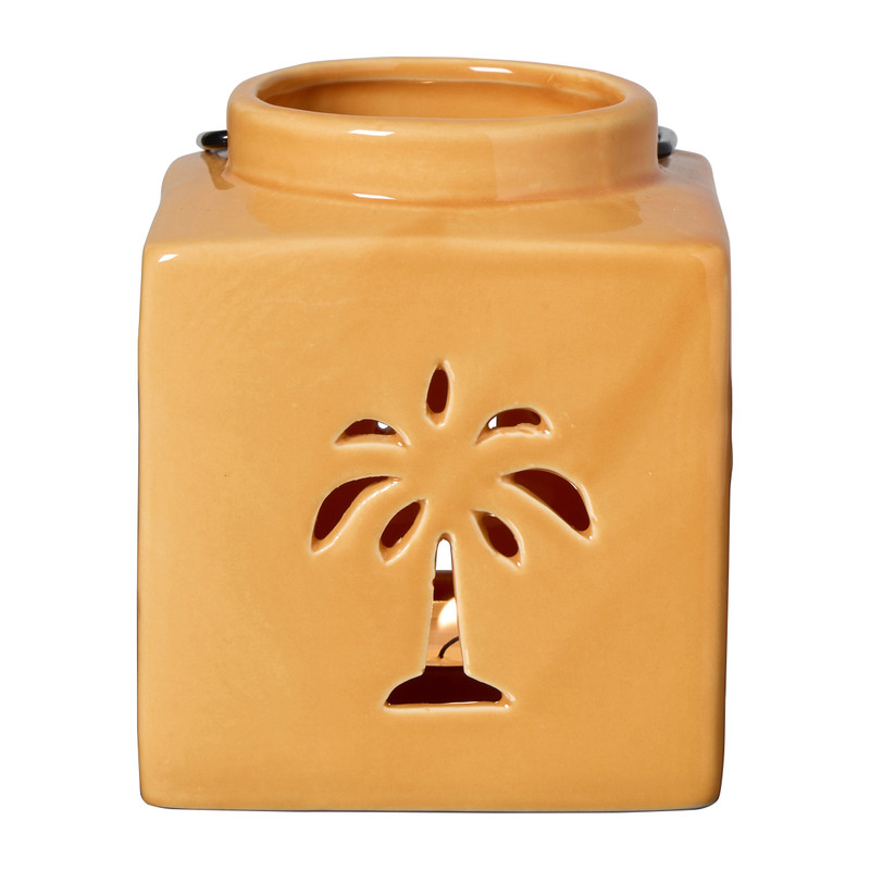 Lantaarn keramisch palmboom - oranje - 9.7x9.7x10.7 cm