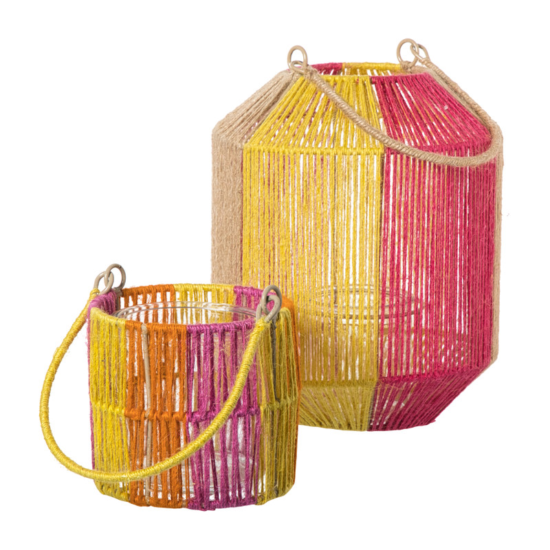 Lantaarn colourblock - roze/oranje - ø21x24 cm