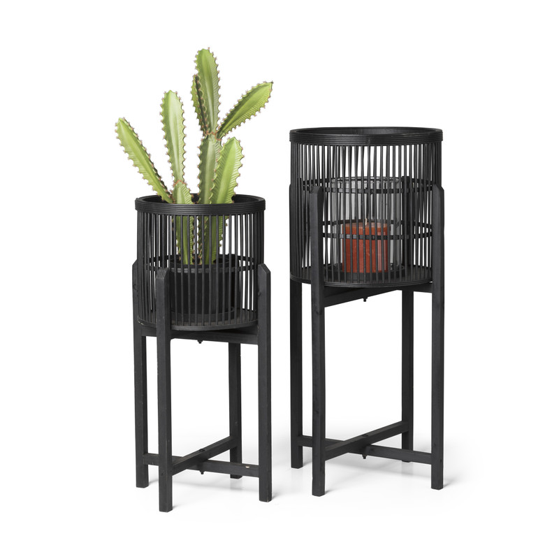 Bamboe lantaarn op voetjes - zwart - 30x60 cm 