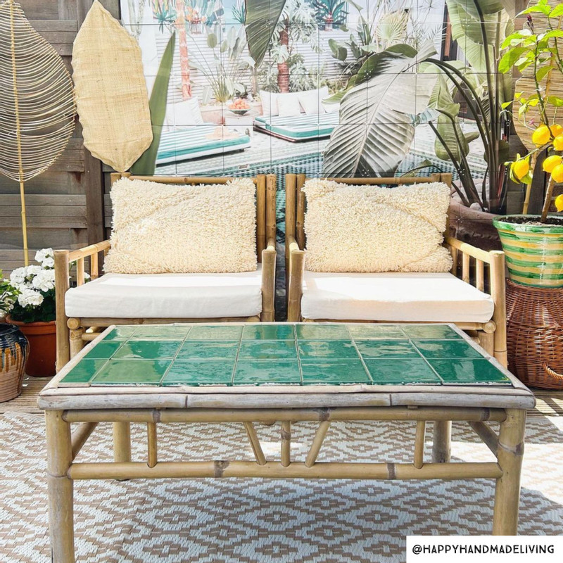 Fauteuil met kussen - bamboe - naturel/wit - 80x70x70 cm 