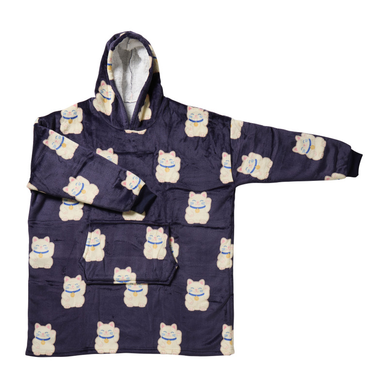 Oversized hoodie lucky cat - blauw - 76x90 cm