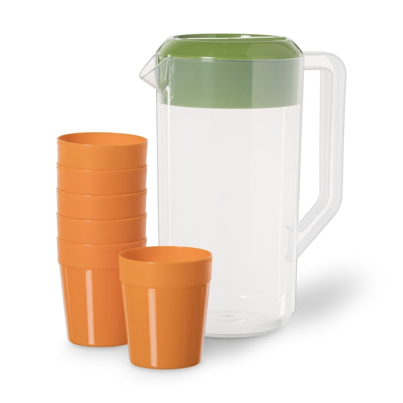 Waterkan met 6 bekers - groen/oranje