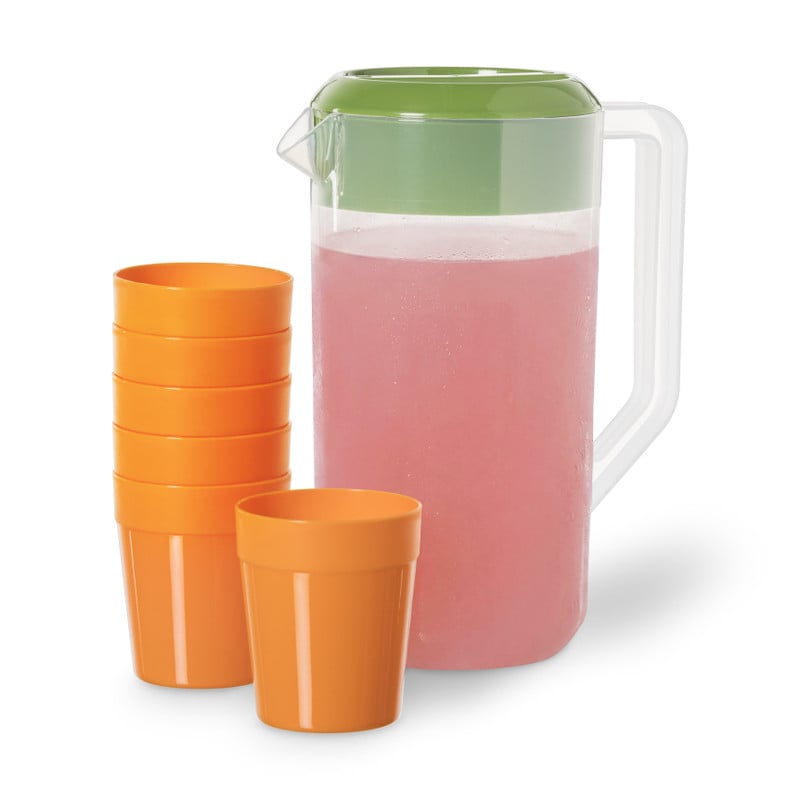 Waterkan met 6 bekers - groen/oranje