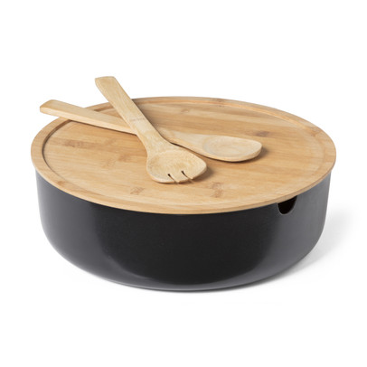 Sendez Saladekom van Glas met Saladebestek op Hout-Gestel 4,4 L Kom Schüssel Glaskom Saladeschüssel