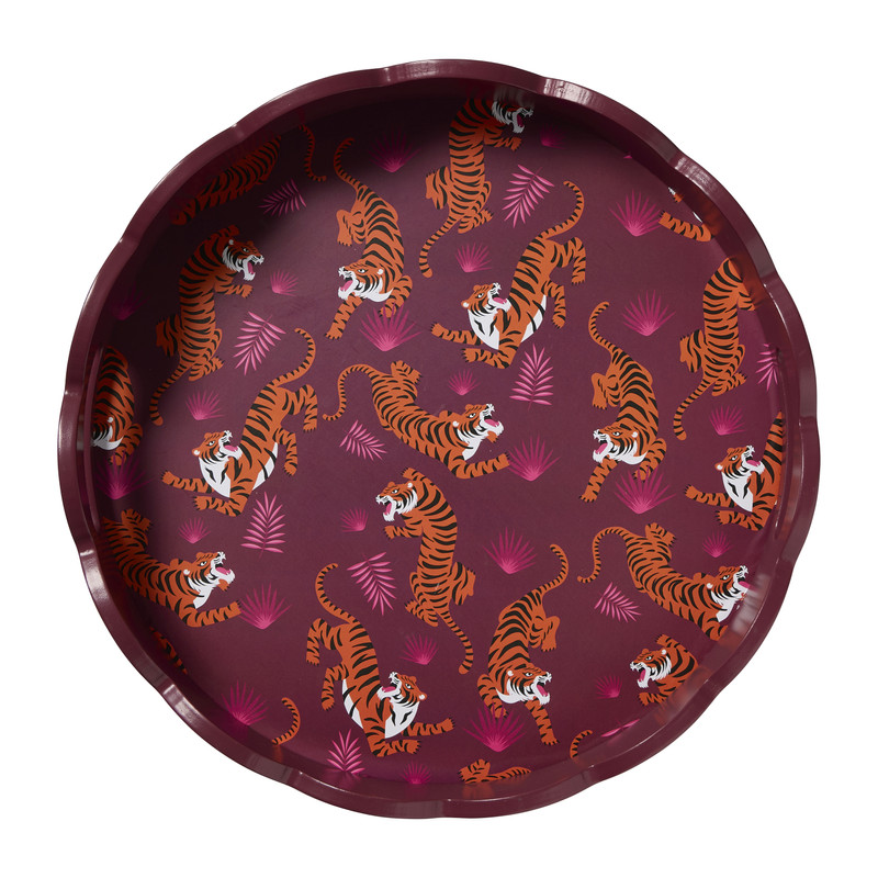 Dienblad tijgers - bordeaux rood - ø30x5 cm 