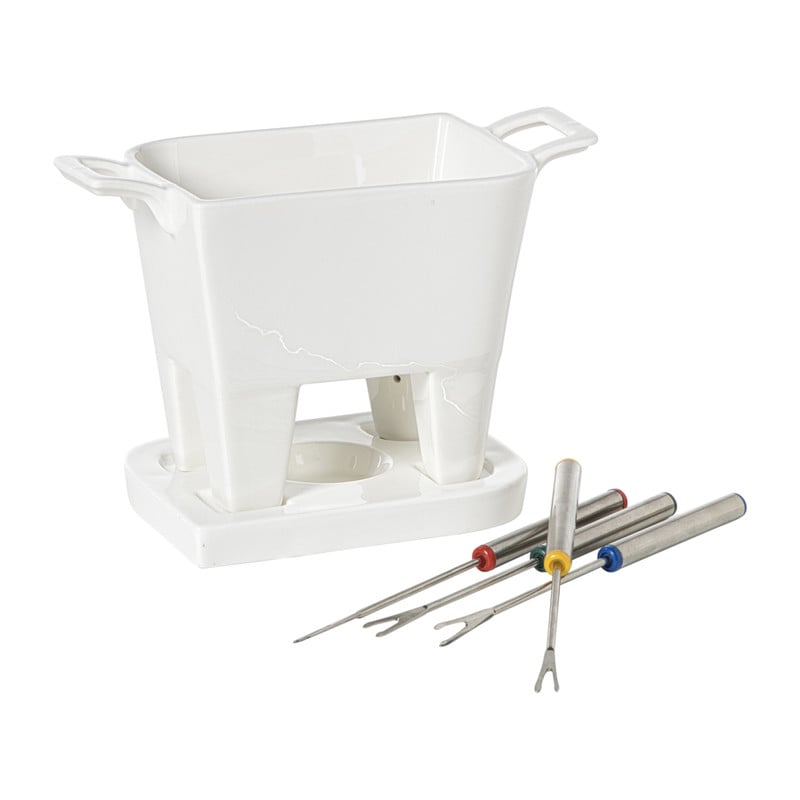 Fondue set met 4 vorken - wit - 20x12x10.5 cm