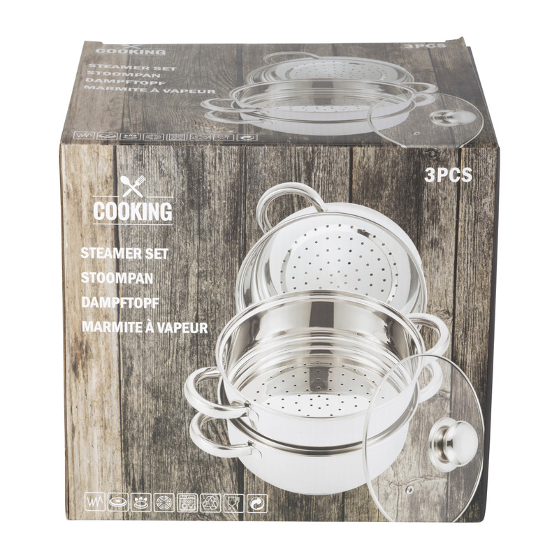 Stoompan zilver - 3 delig - 24x23x28 cm 