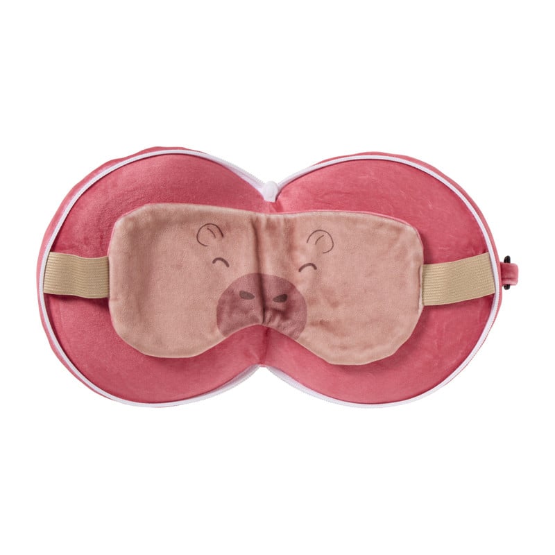 2-in-1 reiskussen capibara met oogmasker - roze/rood