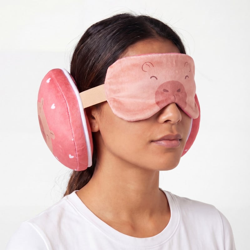 2-in-1 reiskussen capibara met oogmasker - roze/rood