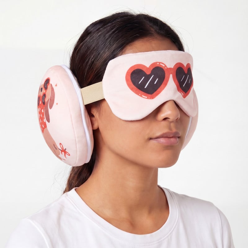 2-in-1 reiskussen  teckel met oogmasker - beige