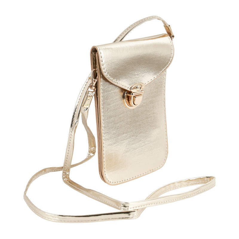 Telefoontasje met riem - goudkleurig - 17x11 cm