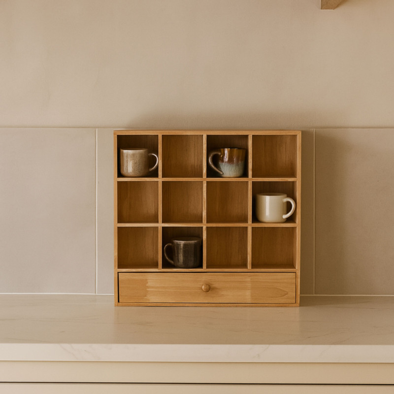 Wandkastje voor mokken met lade - bruin - 53x50x10 cm