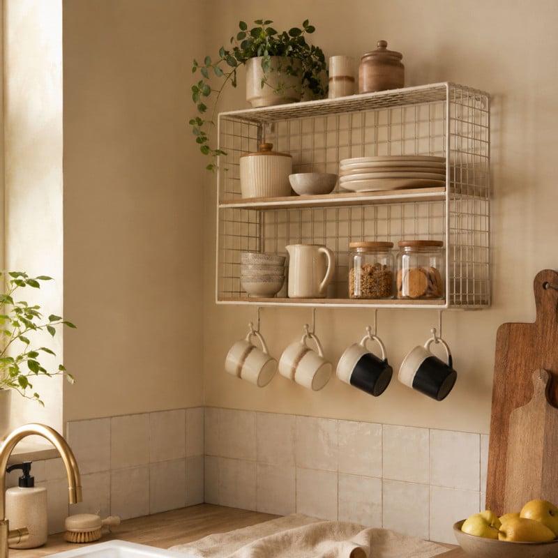Wandrek wire met haken - beige - 40x32x14 cm