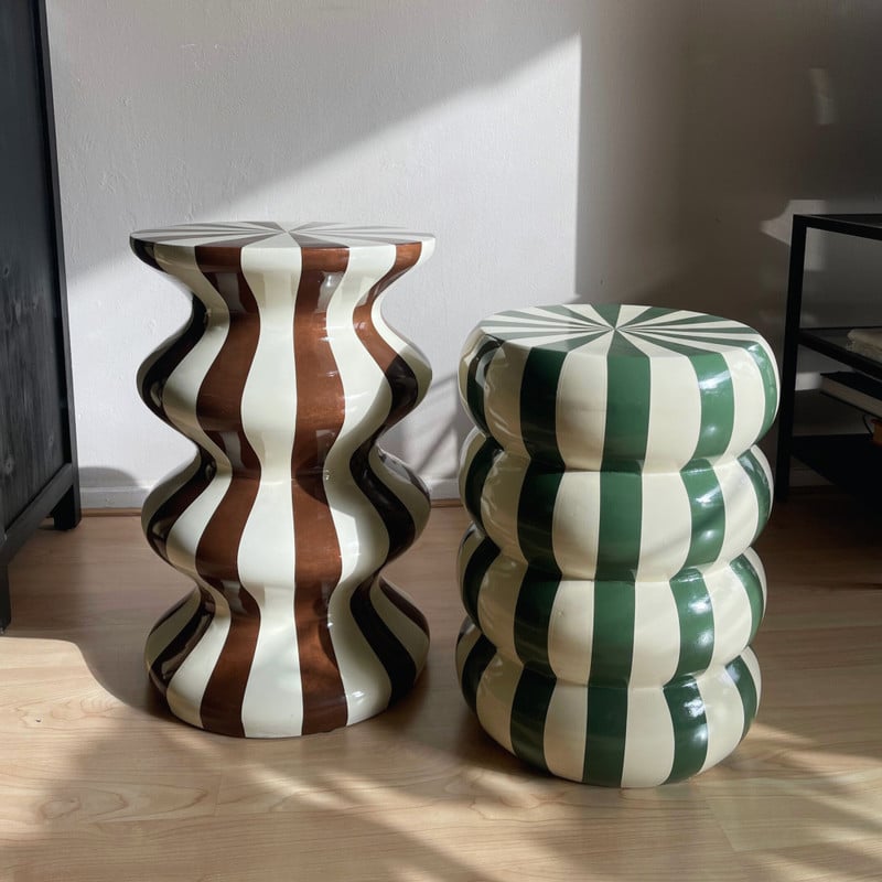 Bijzettafel bubbles stripes - beige/groen - ø35x45 cm