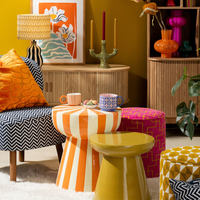 Bijzettafel stripes - beige/oranje - ø40x45 cm