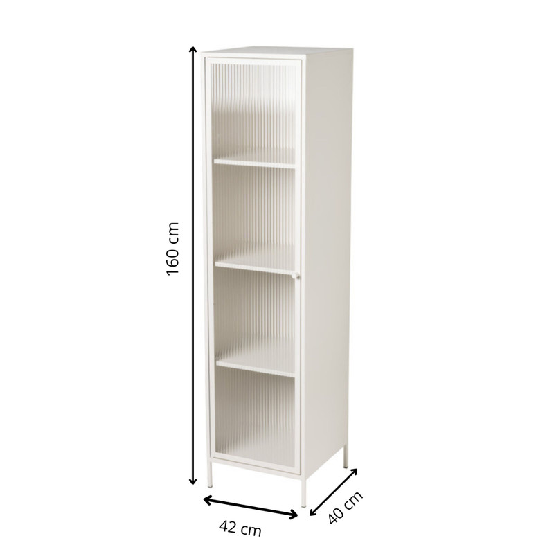 Hoge kast Luca met geribbeld glazen deurtje - offwhite - 160x42x40 cm