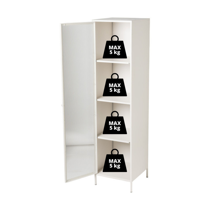 Hoge kast Luca met geribbeld glazen deurtje - offwhite - 160x42x40 cm