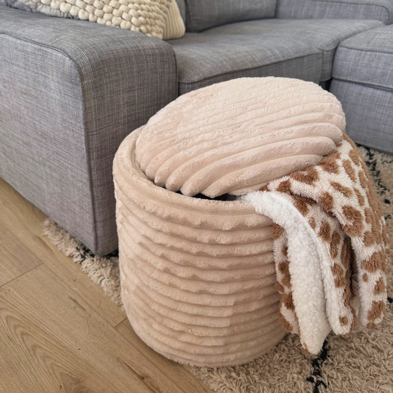 Opbergpoef ribstof - beige - ø35x38 cm