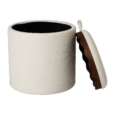 Opbergpoef bouclé met dienblad - beige/bruin - ø37.5x39 cm