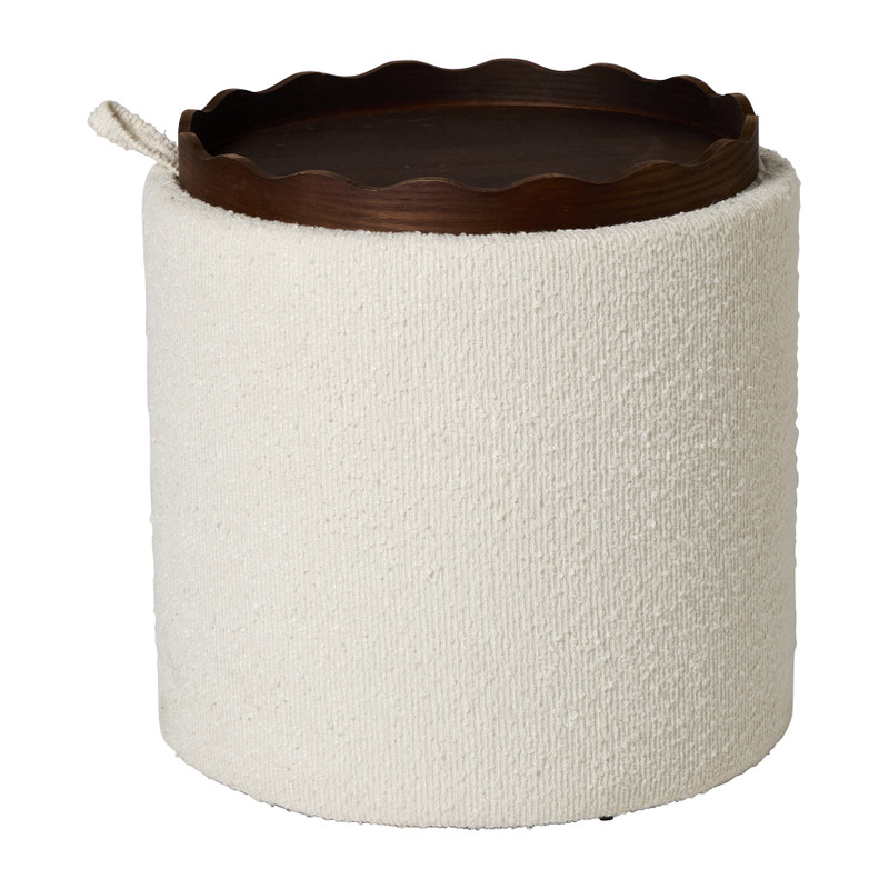 Opbergpoef bouclé met dienblad - beige/bruin - ø37.5x39 cm