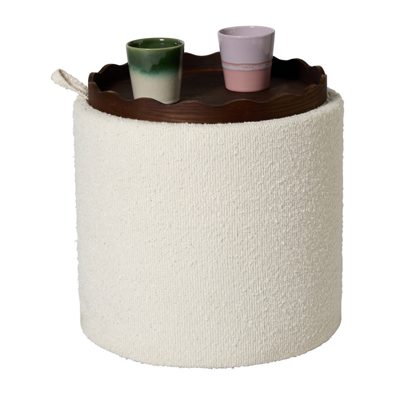 Opbergpoef bouclé met dienblad - beige/bruin - ø37.5x39 cm