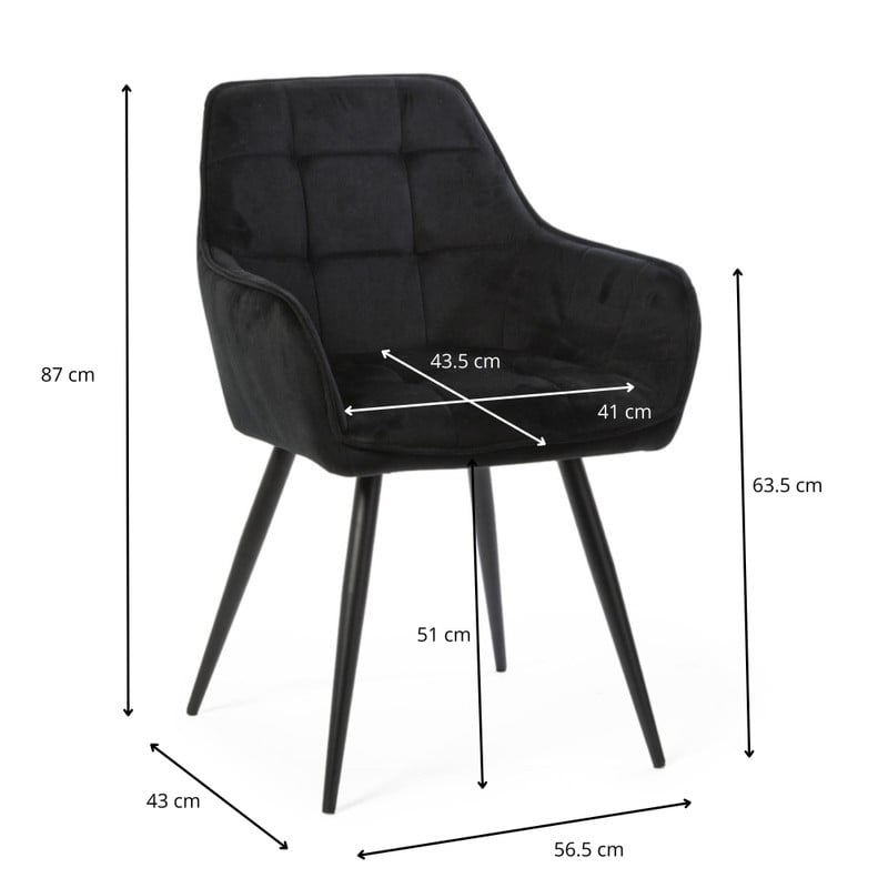 Eetkamerstoel velvet met armleuning - zwart - 87x56.5x43 cm