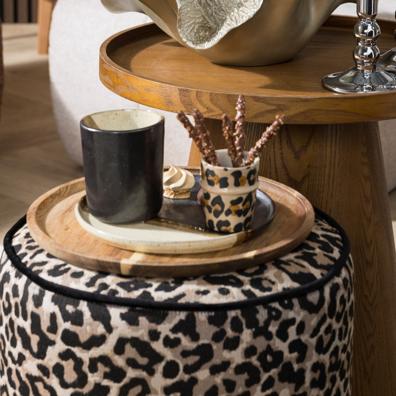 Poef luipaard - zwart/beige - ø35x40 cm