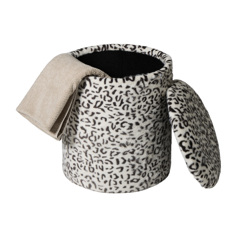 Opbergpoef sneeuwluipaard - zwart/wit - ø35x40 cm