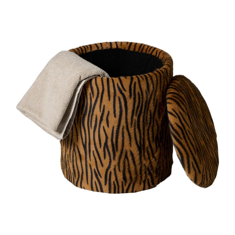 Opbergpoef tijger - bruin/zwart - ø35x40 cm