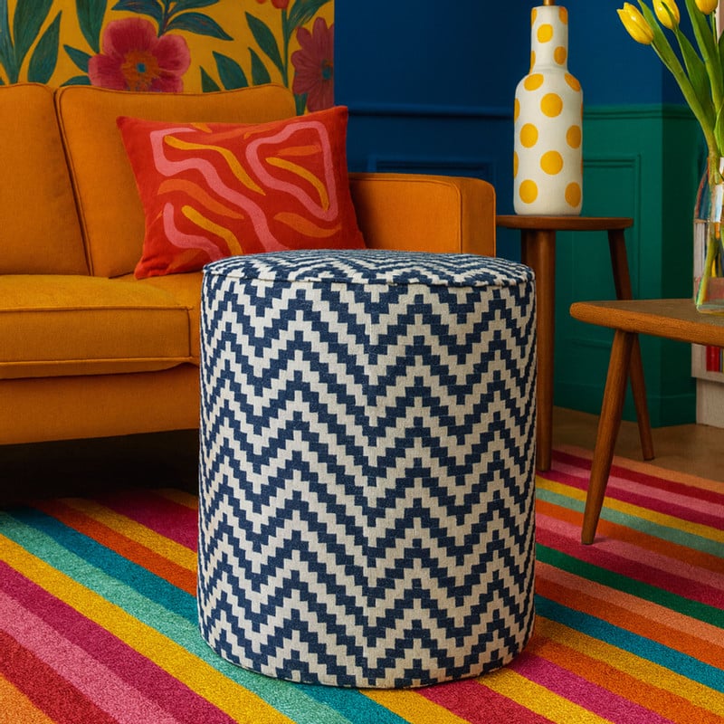 Poef zigzag - blauw/wit - ø35x38 cm