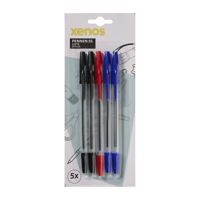 Balpen - zwart/rood/blauw - set van 5